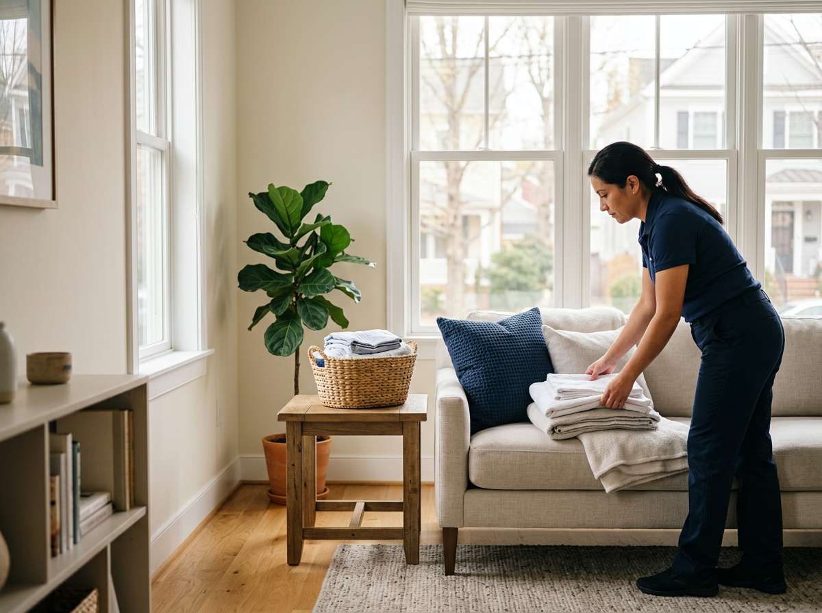 A cleaner refreshing a bright, comfortable living room